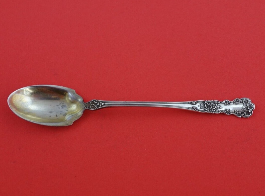 Gorham Buttercup Sterling Silver Horseradish Spoon 5 7/8" Monogrammed: Gorham Buttercup Sterling Silver Horseradish Spoon 5 7/8" Monogrammed This exquisite Buttercup horseradish spoon by Gorham is crafted from sterling silver, showcasing a beautifully intricate floral de