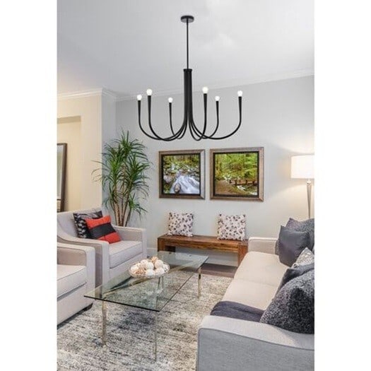 Living District Layne 6 Light Black Steel Chandelier 36 inch: Living District Layne 6 Light Black Steel Chandelier 36 inch This modern 6-light chandelier features a black metal frame in the farmhouse style of wrought iron, offering a stylish lighting option for 