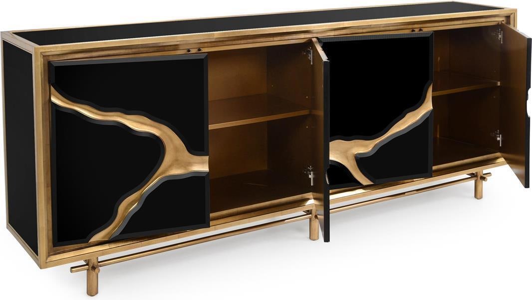 John-Richard Revne Black Gold Credenza Vintage Style 94": John-Richard Revne Black Gold Credenza Vintage Style 94" Introducing the Elegant Black and Gold Revne Credenza, a stunning piece crafted in a vintage style. This credenza features a striking black ext