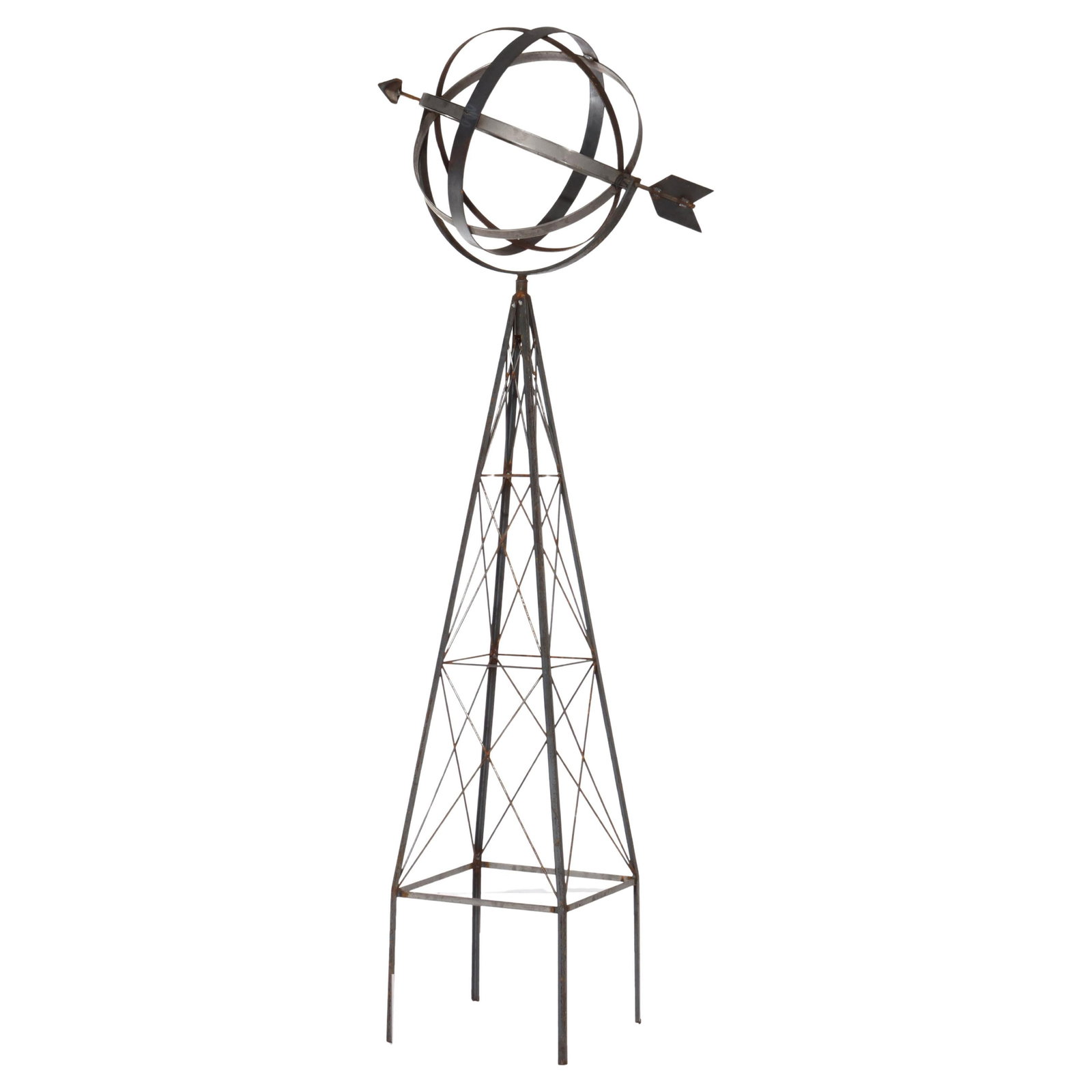 Oversized 105 Vintage Wrought Metal Garden Armillary 20th Century: Oversized 105 Vintage Wrought Metal Garden Armillary 20th Century This striking oversized vintage garden armillary, crafted from wrought metal and dating to the 20th century, features a classic armill