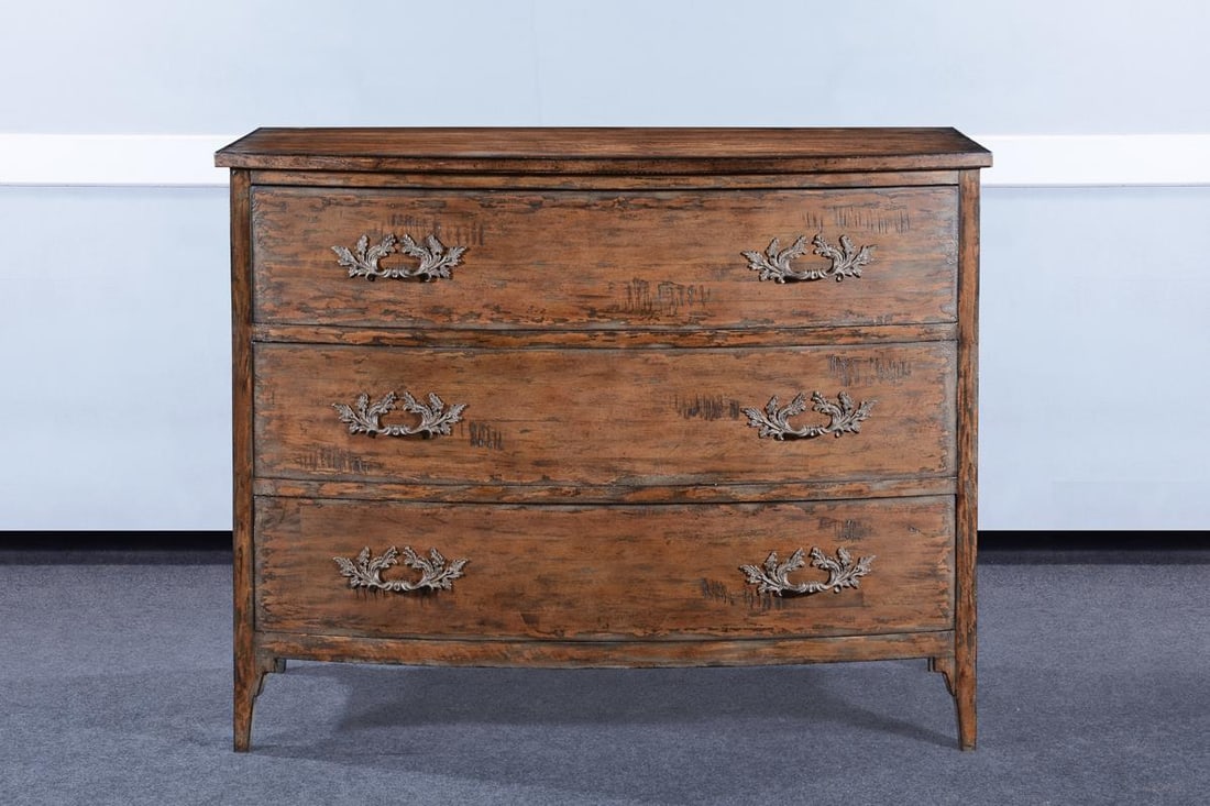 Swedish Gustavian Bowfront Chest with Rustic Pecan Finish: Swedish Gustavian Bowfront Chest with Rustic Pecan Finish This Scandinavian Style Chest features a beautiful bowfront design complemented by simple lines, making it a stylish addition to any space. Cr