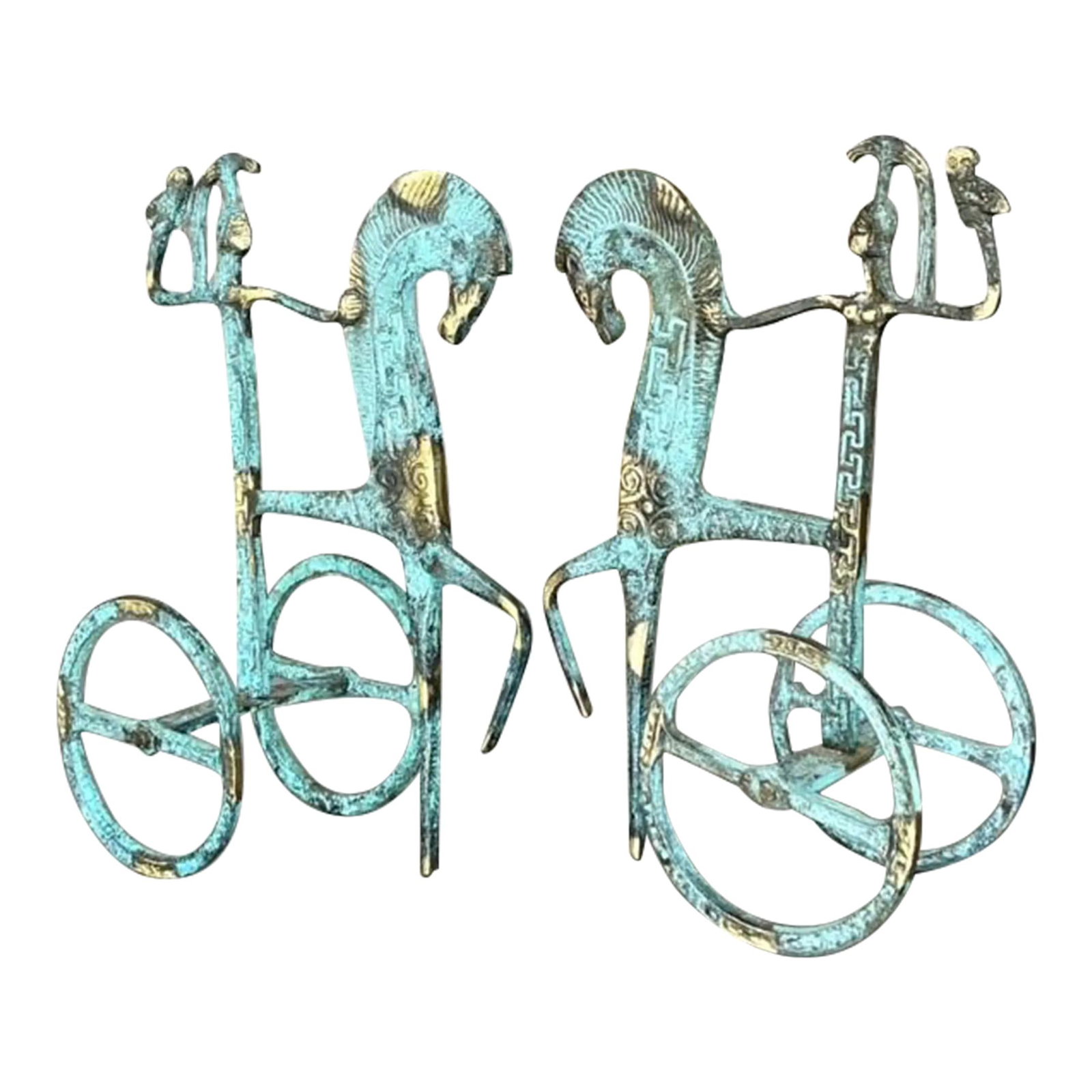 Vintage Regency Etruscan Metal Soldiers on Horseback Pair Verdigris Finish (1 of 8)