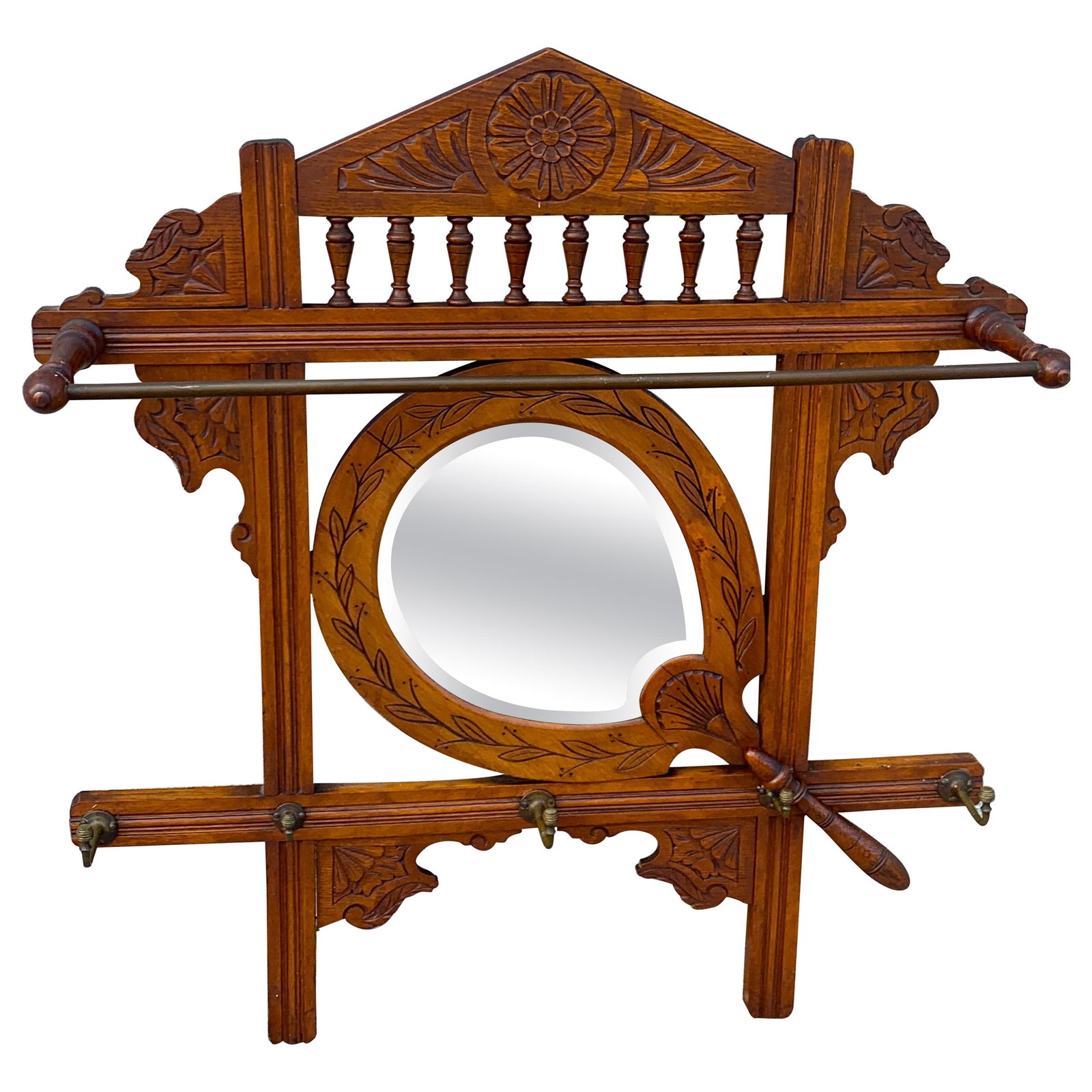 Late 19th Century American Aesthetic Mirrored Hall Rack with Hooks: Late 19th Century American Aesthetic Mirrored Hall Rack with Hooks This exquisite American Aesthetic Hanging Mirrored Hall Rack is a stunning example of the Aesthetic Movement, crafted in the late 19t