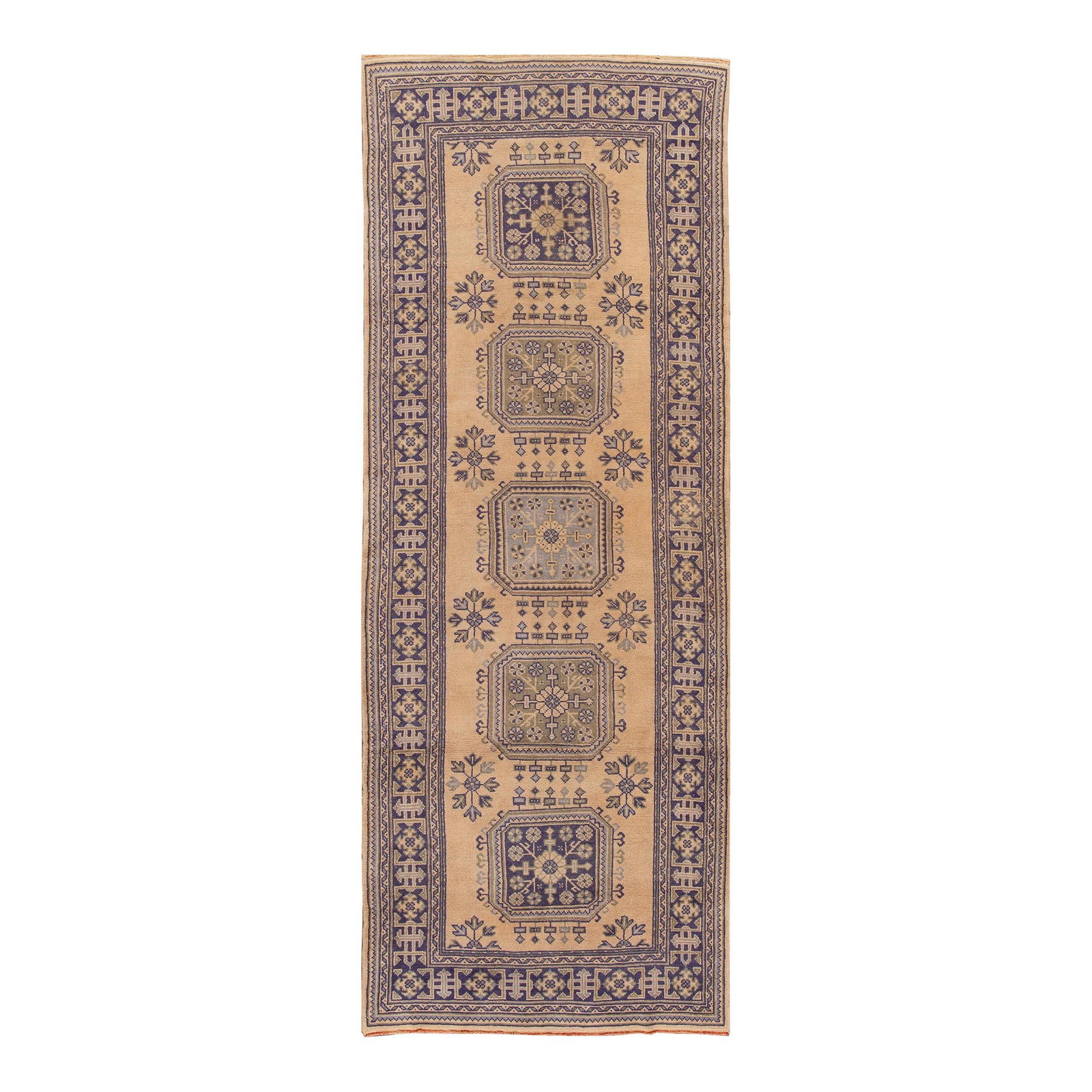 Vintage Turkish Hand-Knotted Wool Runner Rug Tan Blue Tribal Design 4'5" x 12': Vintage Turkish Hand-Knotted Wool Runner Rug Tan Blue Tribal Design 4'5" x 12' This stunning vintage Turkish hand-knotted wool runner features an elegant tan field with a striking blue border and vibr