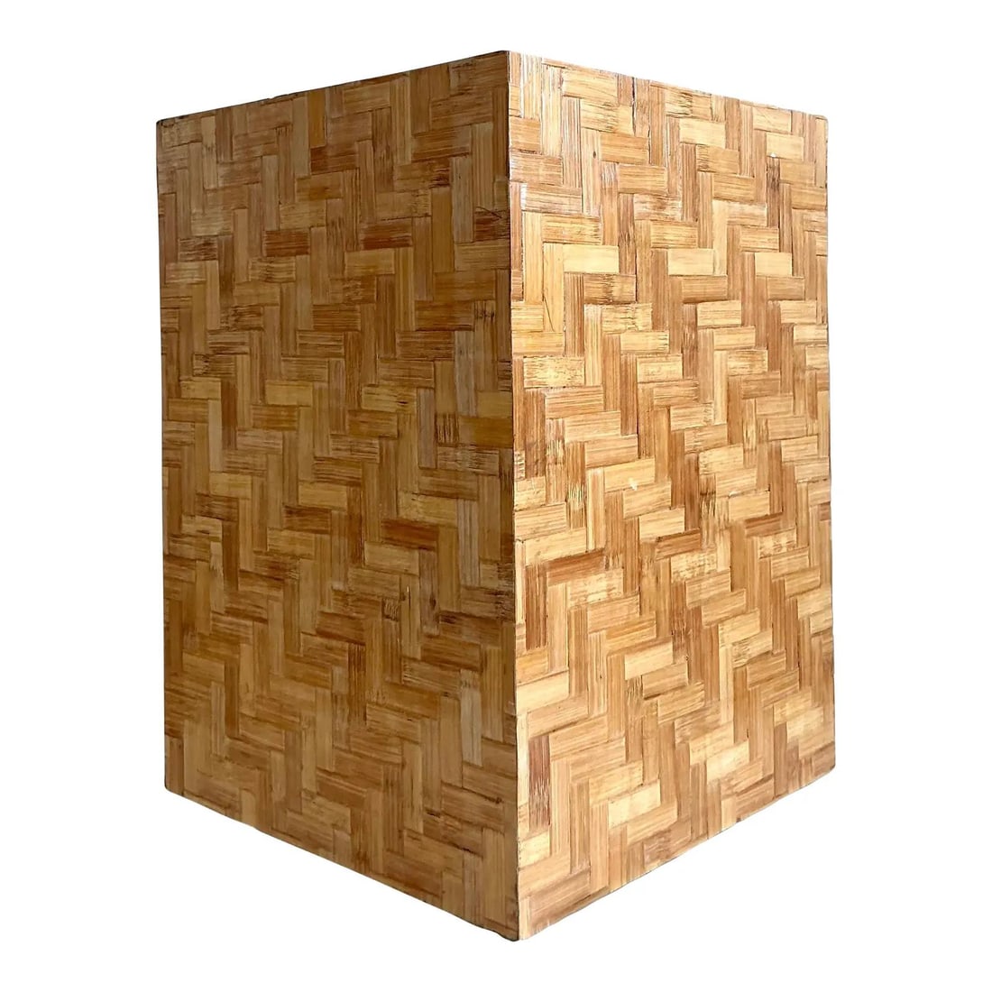 Vintage Boho Rattan Pedestal with Parquet Design 17.25x24: Vintage Boho Rattan Pedestal with Parquet Design 17.25x24 Enhance your decor with this exquisite vintage Boho pedestal, masterfully crafted from woven rattan veneer. The pedestal showcases a stunning 