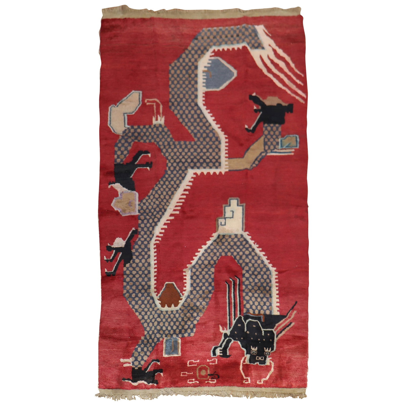 Vintage Tang Style Red Dragon Hand-Woven Wool Rug 4' x 7' China: Vintage Tang Style Red Dragon Hand-Woven Wool Rug 4' x 7' China This stunning vintage Chinese rug features a captivating dragon motif set against a rich dark red background. Hand-woven from high-quali