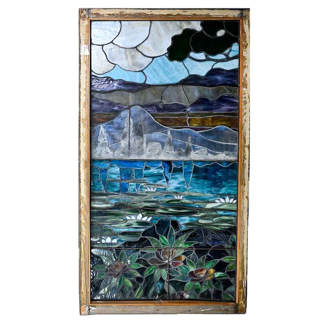 Art Nouveau Tiffany Style Leaded Glass Window 34 x 2 x 60: Art Nouveau Tiffany Style Leaded Glass Window 34 x 2 x 60 Discover a stunning Art Nouveau Leaded Glass Window, crafted between 1900 and 1930. This exquisite piece features intricate leaded glasswork r