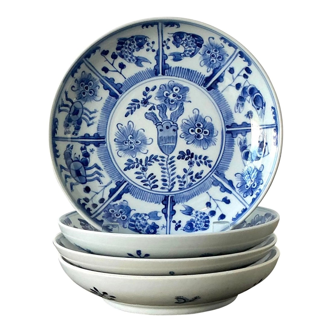 Set of 4 Chinoiserie Blue and White Ceramic Floral Plates (1 of 10)