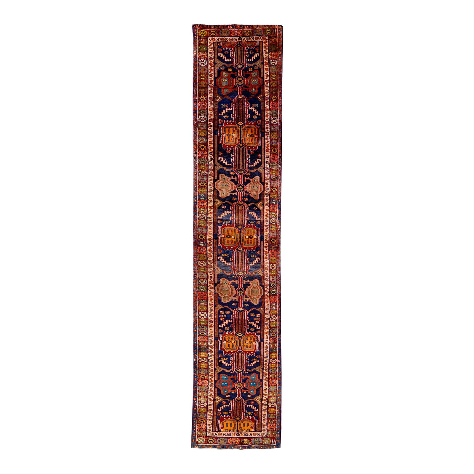 Vintage Persian Hand-Knotted Wool Runner Navy Blue Tribal Design 3'3 x 15'2: Vintage Persian Hand-Knotted Wool Runner Navy Blue Tribal Design 3'3 x 15'2 Explore the elegance of this vintage Persian hand-knotted wool runner rug, featuring a rich navy blue field. The rug showcas