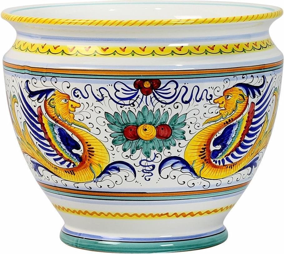 Hand-Painted Italian Ceramic Cachepot Deruta Style 10H 12W 12D: Hand-Painted Italian Ceramic Cachepot Deruta Style 10H 12W 12D Enhance your home decor with this stunning Italian Ceramic Cachepot, hand-painted in the exquisite Deruta style. This medium planter is p
