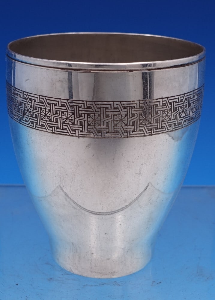 Persian 84 Silver Cup with Engraved Geometric Design 3.375 Inches: Persian 84 Silver Cup with Engraved Geometric Design 3.375 Inches This exquisite Persian silver cup showcases a stunning engraved geometric design and is a remarkable example of Middle Eastern craftsm