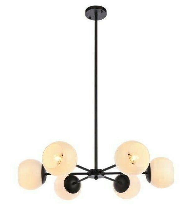 Briggs 6-Light Black Pendant Chandelier with White Glass Shades: Briggs 6-Light Black Pendant Chandelier with White Glass Shades This modern pendant chandelier features six lights with elegant white glass shades and a sleek black finish. Designed for versatility, i