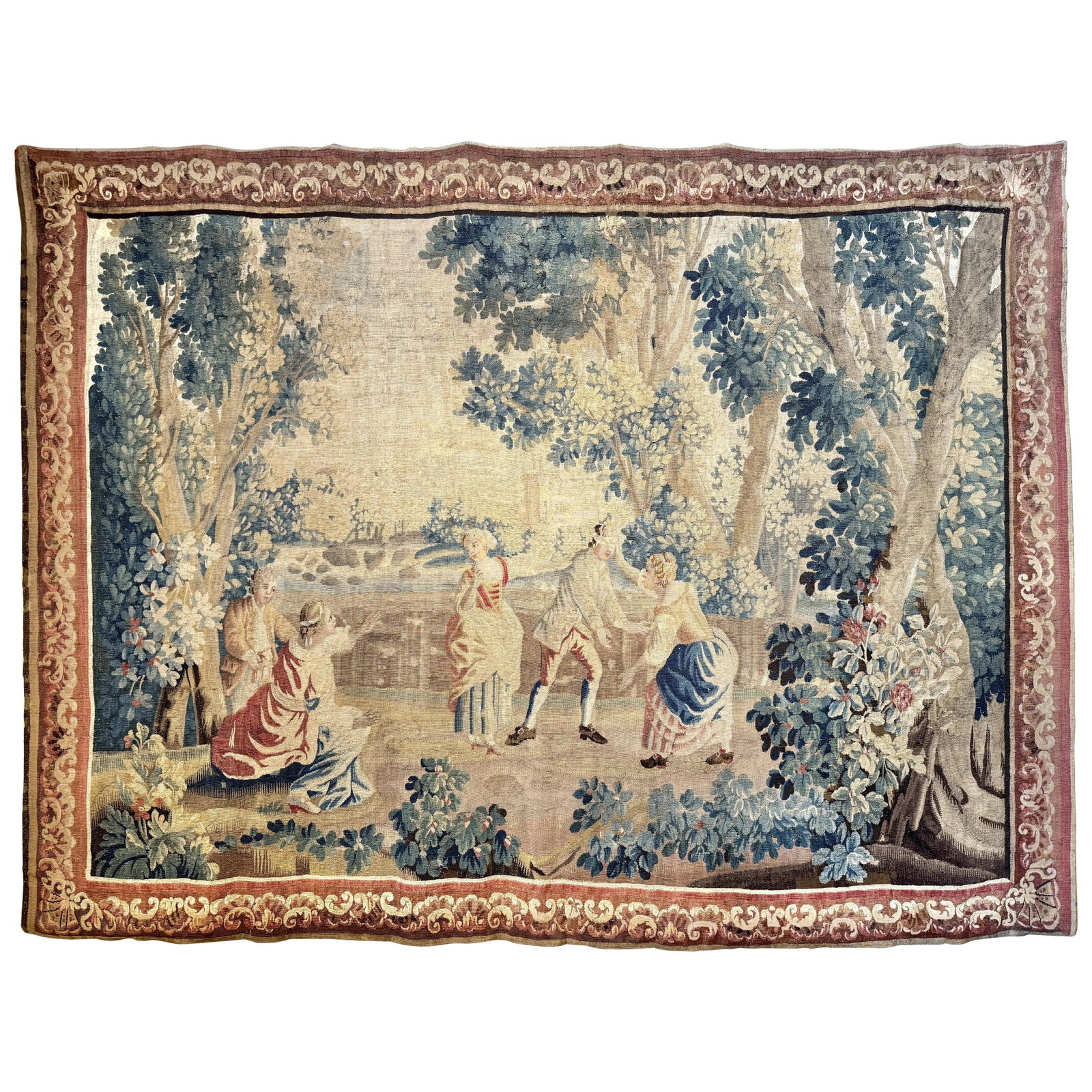 18th Century French Aubusson Tapestry Colin-Maillard Scene Louis XVI: 18th Century French Aubusson Tapestry Colin-Maillard Scene Louis XVI This exquisite 18th-century French Aubusson tapestry, titled "Colin-Maillard" or Blind Man's Buff Scene, showcases a vibrant depict