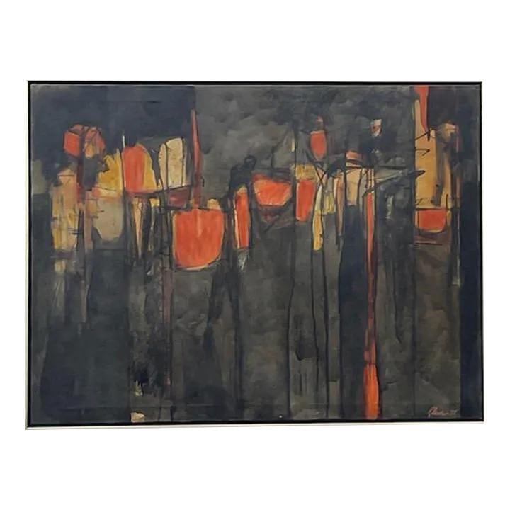 Vintage Mid-Century Modern Abstract Oil Painting Signed 48.25x37.5: Vintage Mid-Century Modern Abstract Oil Painting Signed 48.25x37.5 This exquisite vintage Mid-Century Modern original oil painting on canvas showcases a chic abstract design characterized by dark mood