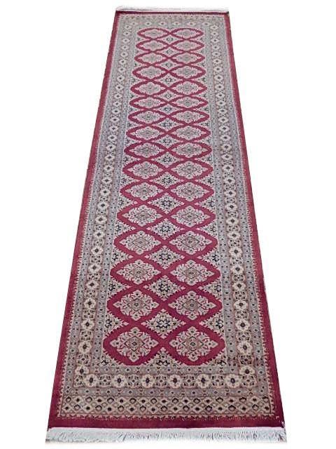 Handcrafted 2.8 x 8.4 Pinkish Red Jaldar Bokhara Rug: Handcrafted 2.8 x 8.4 Pinkish Red Jaldar Bokhara Rug Free continental US Shipping Enhance your space with the exquisite 2.8 x 8.4 Pinkish Red Jaldar Handmade Bokhara Rug, a stunning embodiment of trad