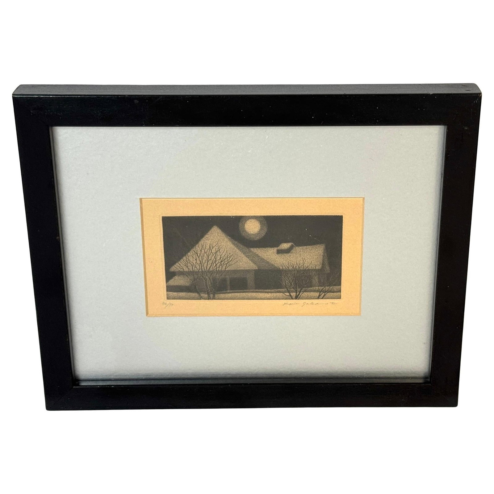 Sakamoto Koichi Limited Edition 46/70 Winter Landscape Print 1970: Sakamoto Koichi Limited Edition 46/70 Winter Landscape Print 1970 This limited edition print by Sakamoto Koichi, numbered 46 out of 70, showcases a tranquil winter landscape. The artwork features a ho