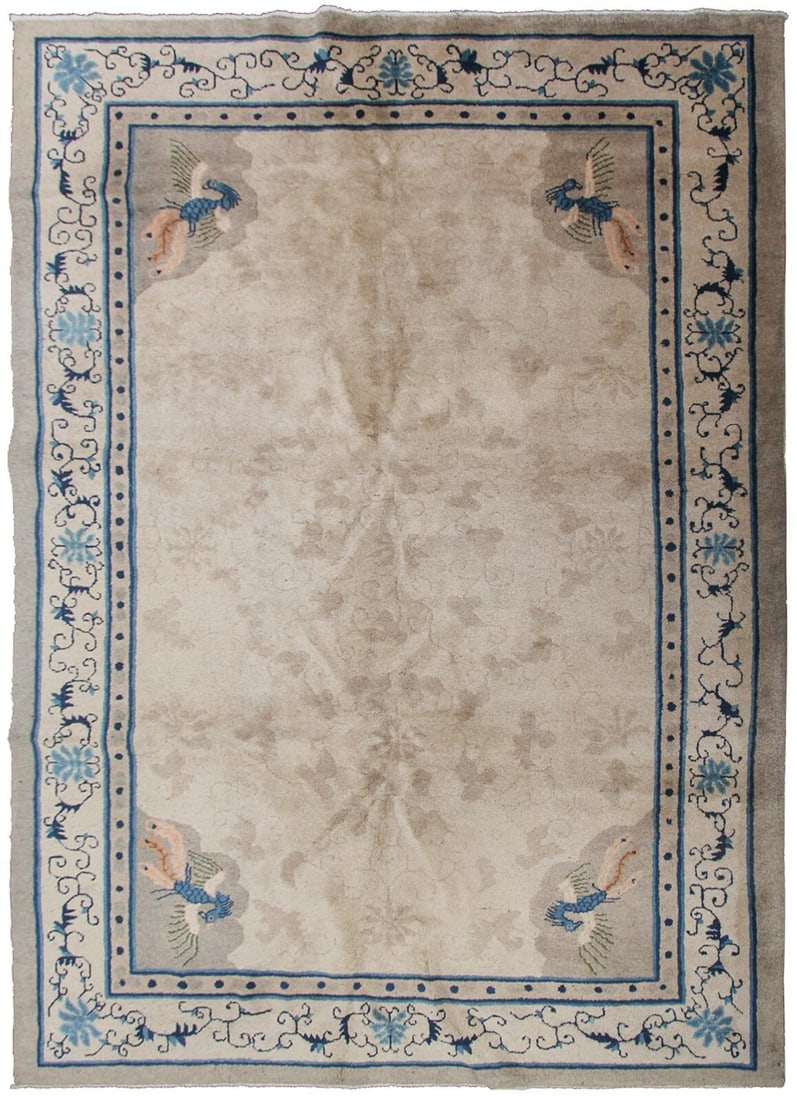 Antique Chinese Peking Art Deco Peacock Wool Area Rug 6x9: Antique Chinese Peking Art Deco Peacock Wool Area Rug 6x9 This antique Chinese Art Deco area rug, handmade circa 1900 in Peking, features a rare and exquisite peacock design. Hand-knotted from high-qu