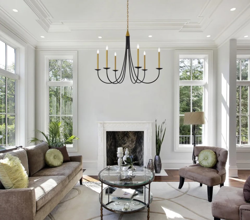 Farmhouse Style Black and Brass 6 Light Metal Chandelier 42 Inch Adjustable Ceiling Fixture: Farmhouse Style Black and Brass 6 Light Metal Chandelier 42 Inch Adjustable Ceiling Fixture This large farmhouse-style chandelier features a striking black and brass metal frame with six lights. Desig