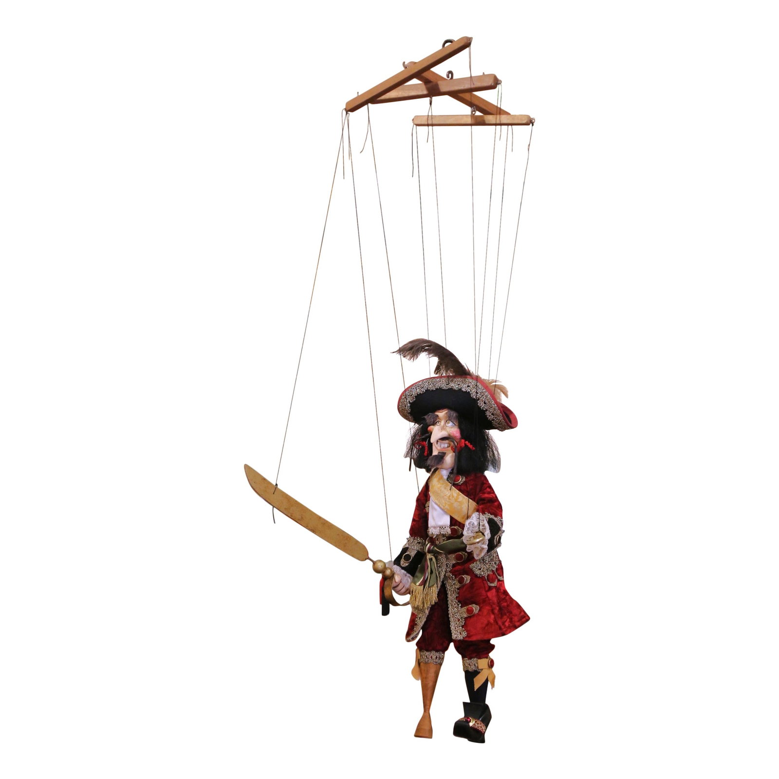 Vintage Italian Captain Hook Marionette Puppet 27.5" Tall: Vintage Italian Captain Hook Marionette Puppet 27.5" Tall This exquisite 20th Century Italian Captain Hook Marionette Puppet is a charming piece that showcases both artistry and functionality. Crafted