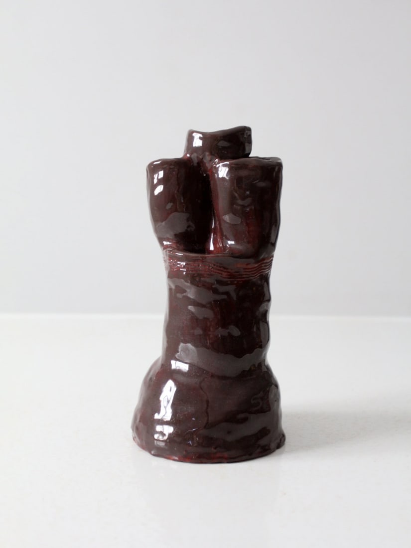 Vintage Earthenware Free Form Pottery Vase 9 inch Reddish-Brown Glaze: Vintage Earthenware Free Form Pottery Vase 9 inch Reddish-Brown Glaze This vintage studio pottery vase showcases an expressive free-form silhouette, beautifully finished with a rich, dark reddish-brow
