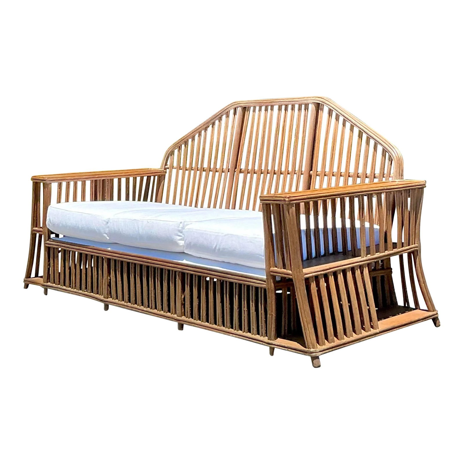 Vintage Coastal Rattan Sofa Inspired by Heywood Wakefield: Vintage Coastal Rattan Sofa Inspired by Heywood Wakefield Introducing the Vintage Coastal Faceted Stick Rattan Sofa, a stunning piece inspired by the iconic designs of Heywood Wakefield. This sofa emb