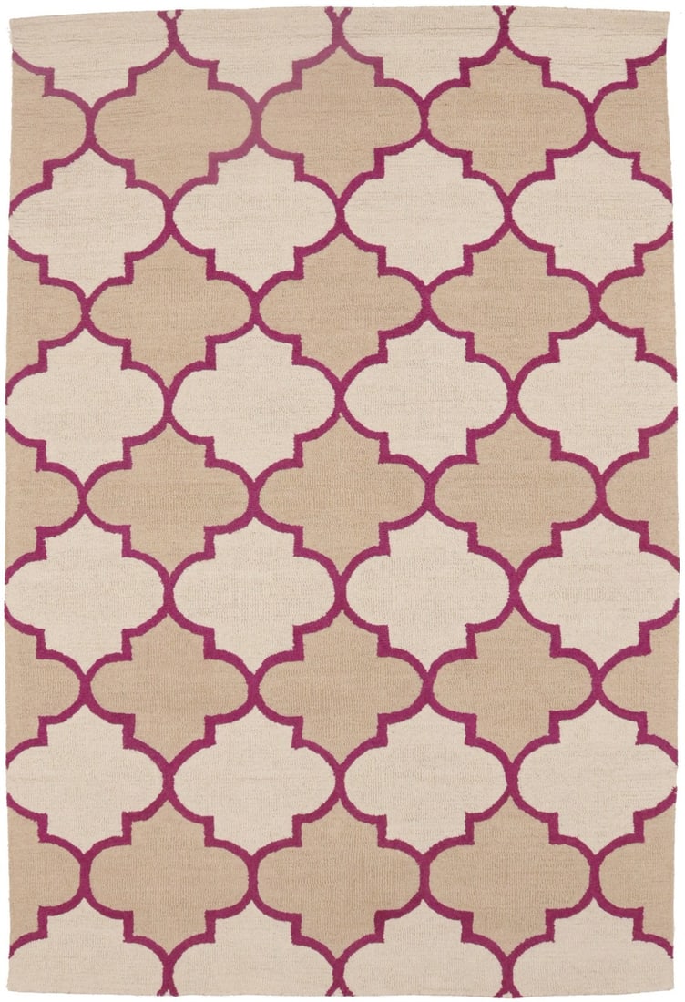 Hand-Tufted Modern Multicolor Wool 5x8 Area Rug for Bedroom or Playroom: Hand-Tufted Modern Multicolor Wool 5x8 Area Rug for Bedroom or Playroom This modern hand-tufted area rug features a vibrant tie-dye design in cream, beige, and fuchsia tones. Crafted from wool, the ru
