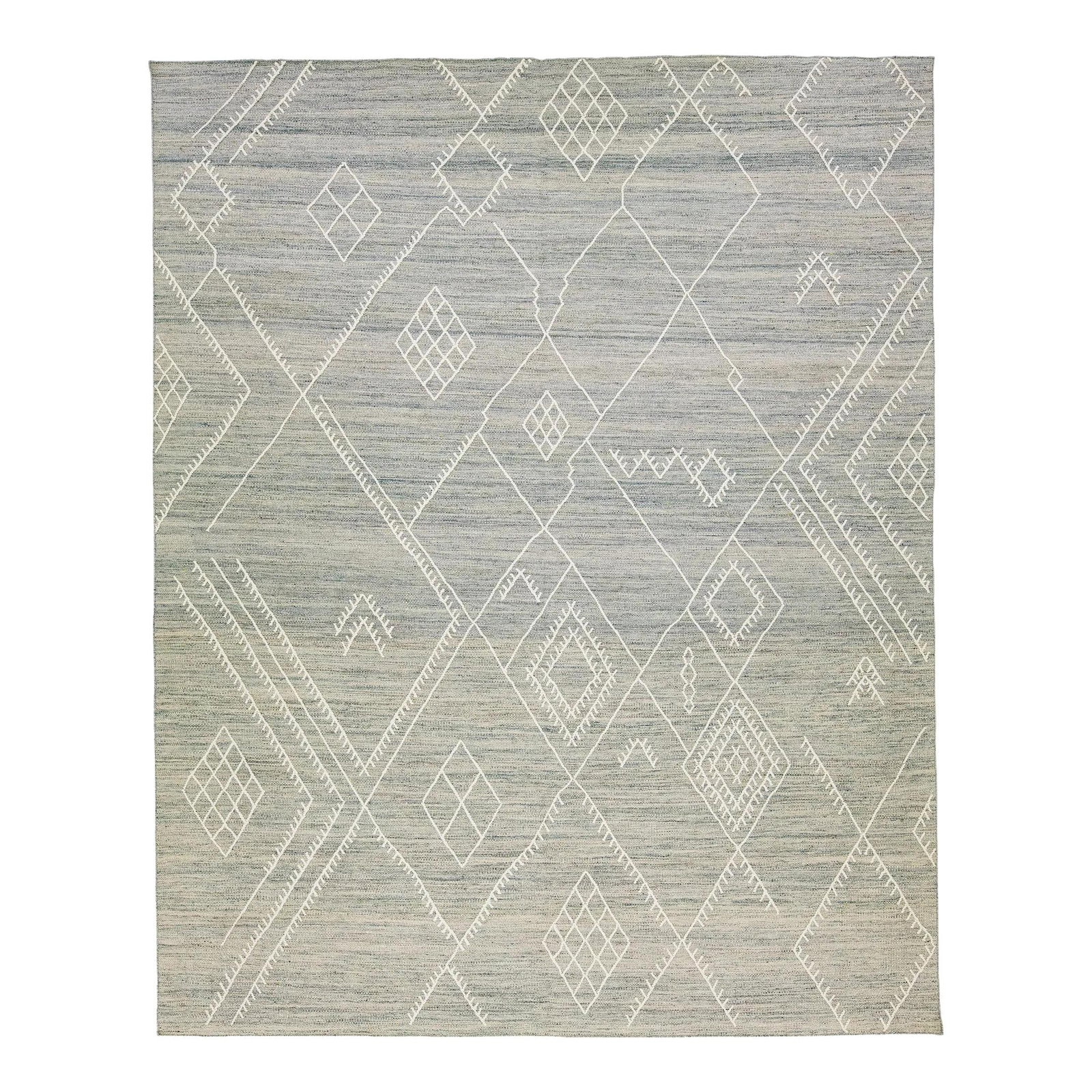 Gray Wool Flatweave Kilim Rug Nantucket Coastal Design 10'2 x 12'8: Gray Wool Flatweave Kilim Rug Nantucket Coastal Design 10'2 x 12'8 Enhance your space with this exquisite handmade wool rug from the Nantucket Collection. Featuring a stunning gray and blue field ador