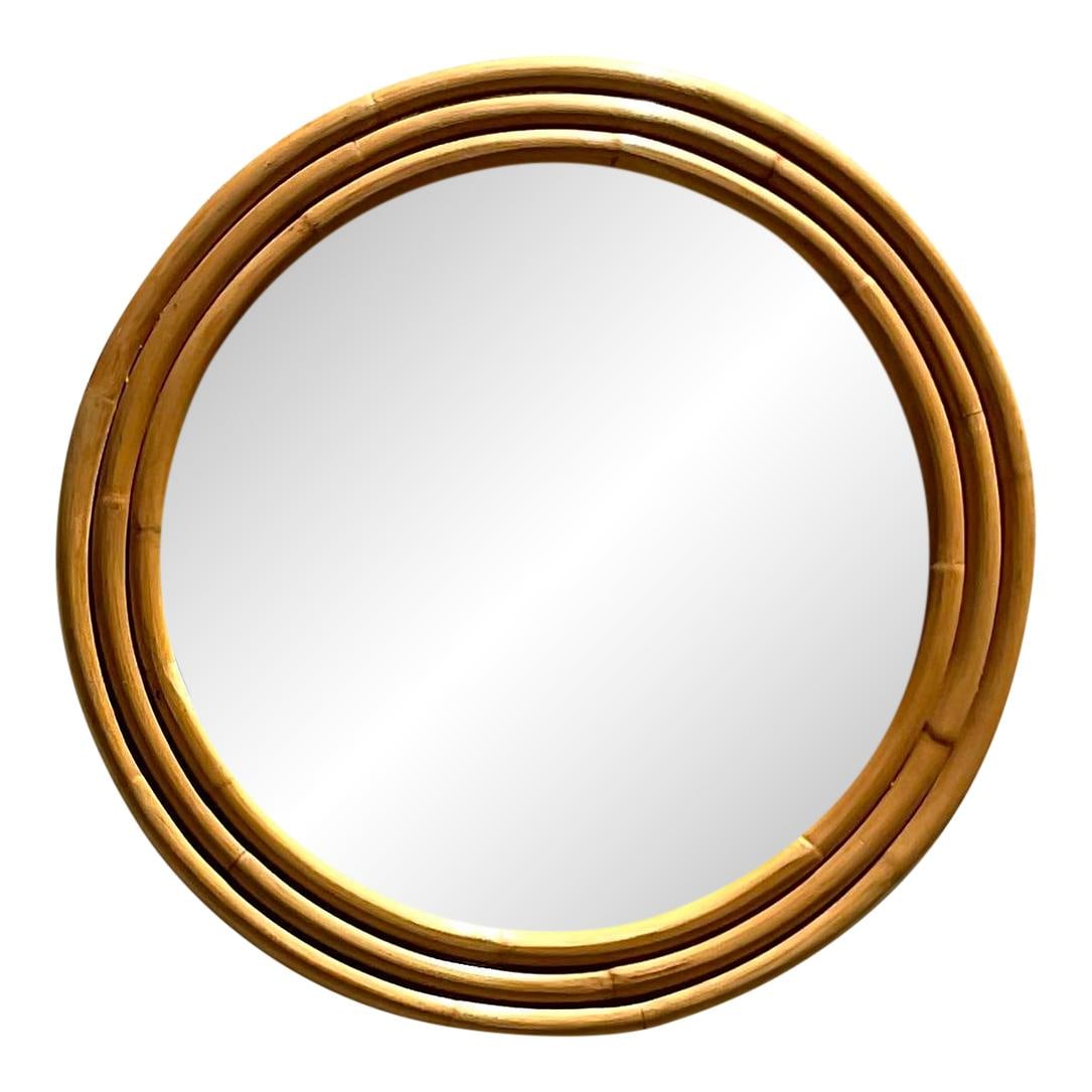 Vintage Coastal Round Mirror 35 in Rattan Khaki Decor (1 of 5)