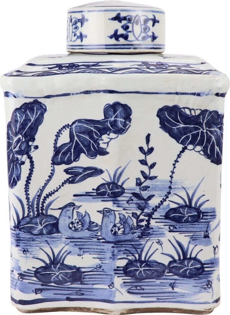 Handcrafted Blue Ceramic Curved Tea Jar with Lotus Design (1 of 8)