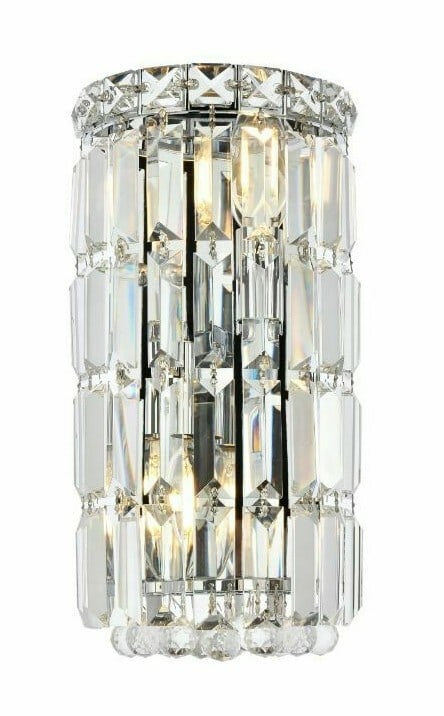 Maxime Chrome Crystal Wall Sconce 2 Light Royal Cut: Maxime Chrome Crystal Wall Sconce 2 Light Royal Cut This modern wall sconce features a polished chrome finish and is adorned with royal cut clear crystal accents, offering a sophisticated lighting sol