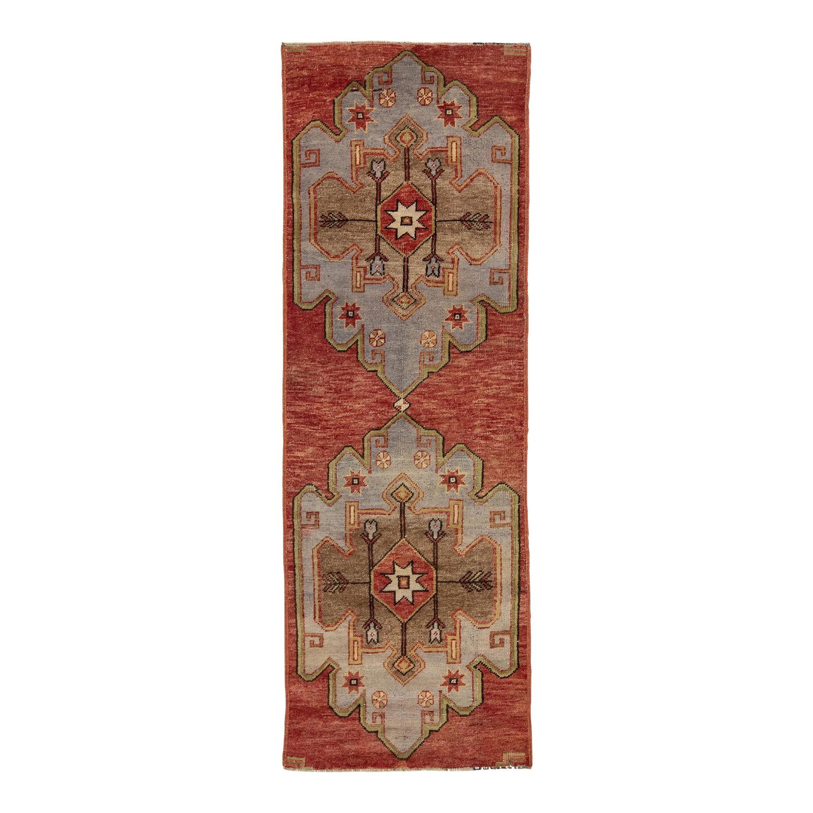 Vintage Turkish Handmade Wool Runner Red Geometric Design 2'4" x 6'10": Vintage Turkish Handmade Wool Runner Red Geometric Design 2'4" x 6'10" This exquisite vintage Turkish runner features a vibrant red field adorned with a captivating tribal geometric design, enriched b