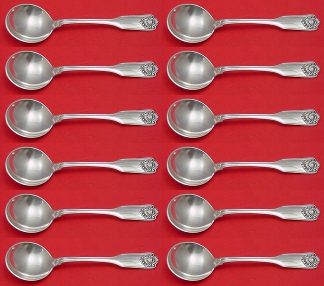 Frank Smith Fiddle Shell Sterling Silver 12 Piece Cream Soup Spoon Set: Frank Smith Fiddle Shell Sterling Silver 12 Piece Cream Soup Spoon Set Enhance your dining experience with this exquisite 12-piece cream soup spoon set in the classic Fiddle Shell pattern by Frank Smi
