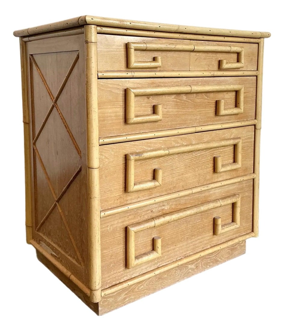 Whitecraft Oak Bamboo Dresser with Four Drawers: Whitecraft Oak Bamboo Dresser with Four Drawers This vintage chest of drawers from Whitecraft of Miami exemplifies high-end 1970s tropical modernism. Crafted from oak and accented with authentic bambo