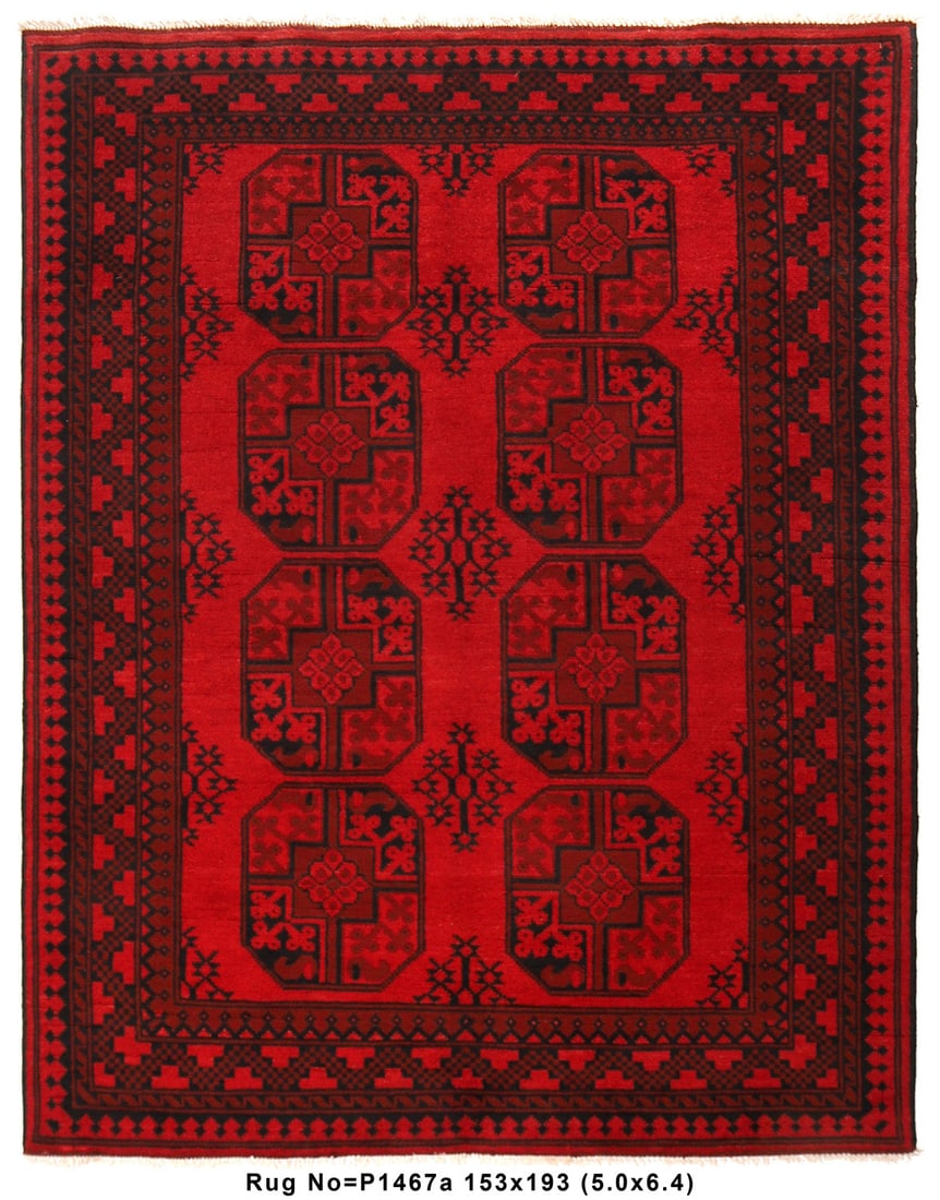 5' x 6' Authentic Turkman Bokara Hand-Knotted Wool Rug Deep Red Black: 5' x 6' Authentic Turkman Bokara Hand-Knotted Wool Rug Deep Red Black Free continental US Shipping Experience the allure of Afghan craftsmanship with this Authentic Turkman Bokara Wool Rug, measuring 