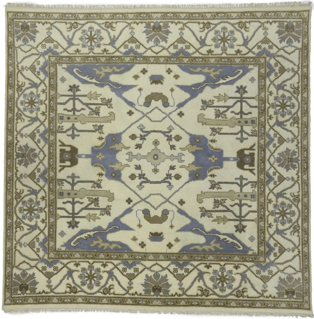 Hand-Knotted Square Oushak Wool Rug 7'11 x 8'1 Floral Design: Hand-Knotted Square Oushak Wool Rug 7'11 x 8'1 Floral Design This handmade traditional Oushak oriental rug features a square shape and a floral pattern in muted tones including cream, brown, beige, ta