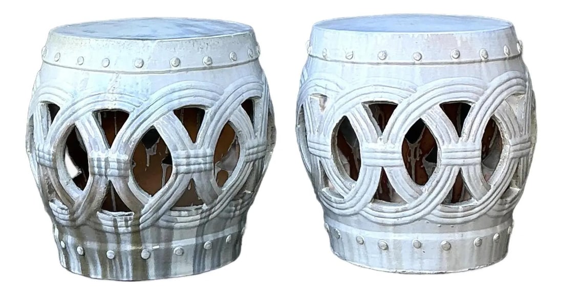 Pair of Off White Ceramic Keyhole Garden Stools (1 of 10)
