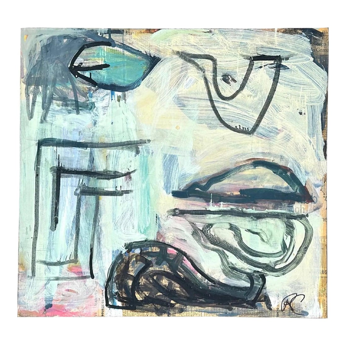 Signed Abstract Mixed Media Canvas Painting with Vintage Modern Style: Signed Abstract Mixed Media Canvas Painting with Vintage Modern Style This vintage abstract mixed media painting on canvas features a dynamic composition of varied textures, brushstrokes, and forms. S