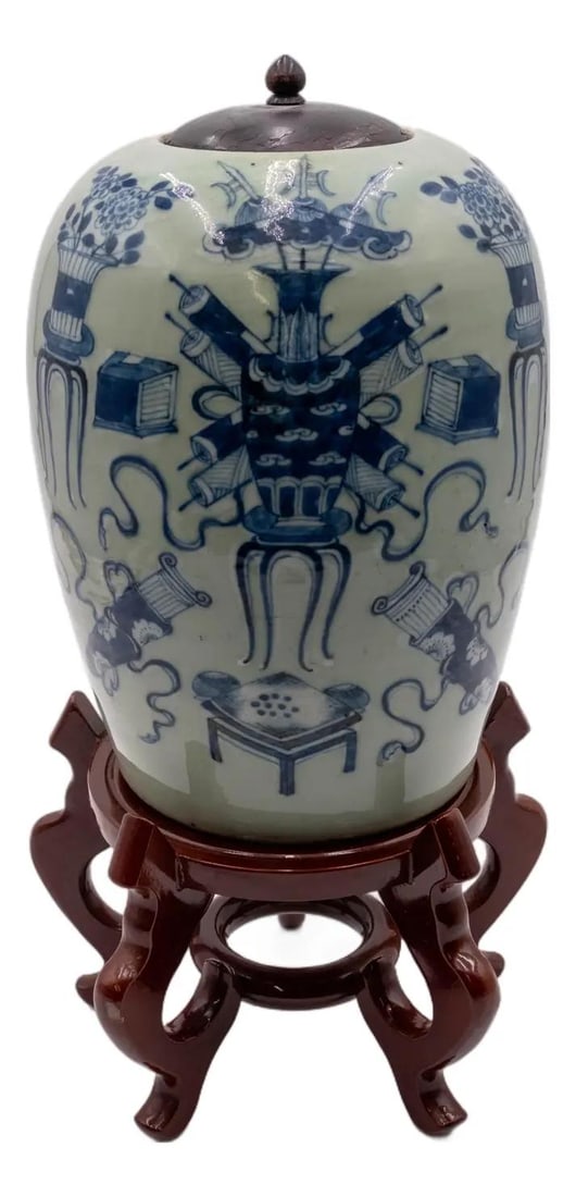Vintage Hand Painted Blue White Porcelain Ginger Jar with Lid and Wood Base (1 of 10)
