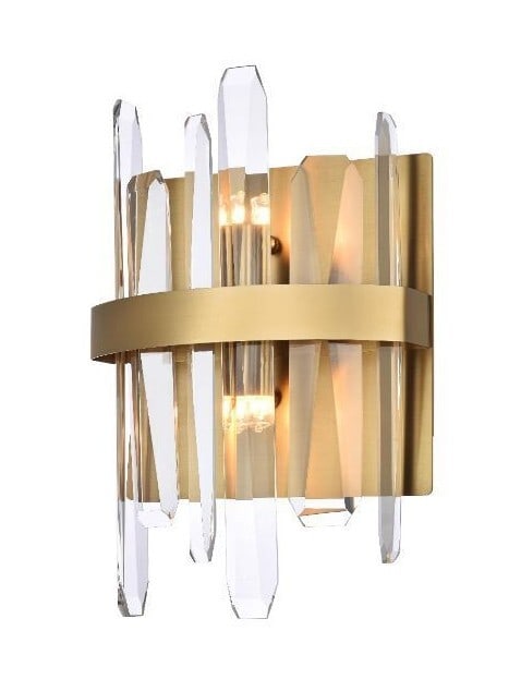 Satin Gold Crystal Wall Sconce 2 Light Serena: Satin Gold Crystal Wall Sconce 2 Light Serena This modern satin gold wall sconce from the Serena Collection features a sleek rectangular design with clear crystal accents. Designed for hardwired insta