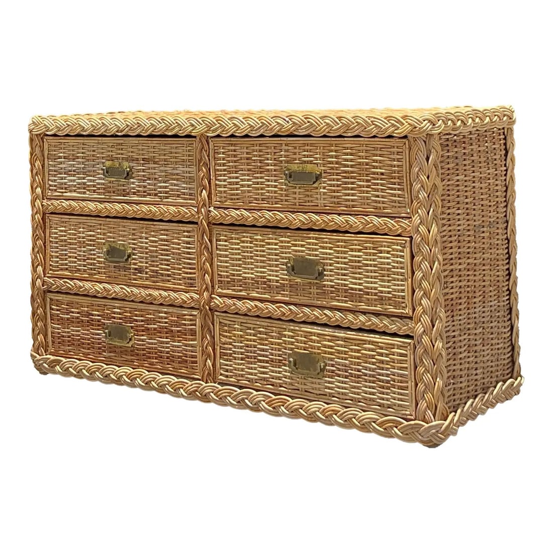 Vintage Braided Rattan Dresser with Brass Pulls 54": Vintage Braided Rattan Dresser with Brass Pulls 54" Infuse your space with the relaxed elegance of island-inspired design with this vintage braided rattan dresser. Expertly crafted from light, natural