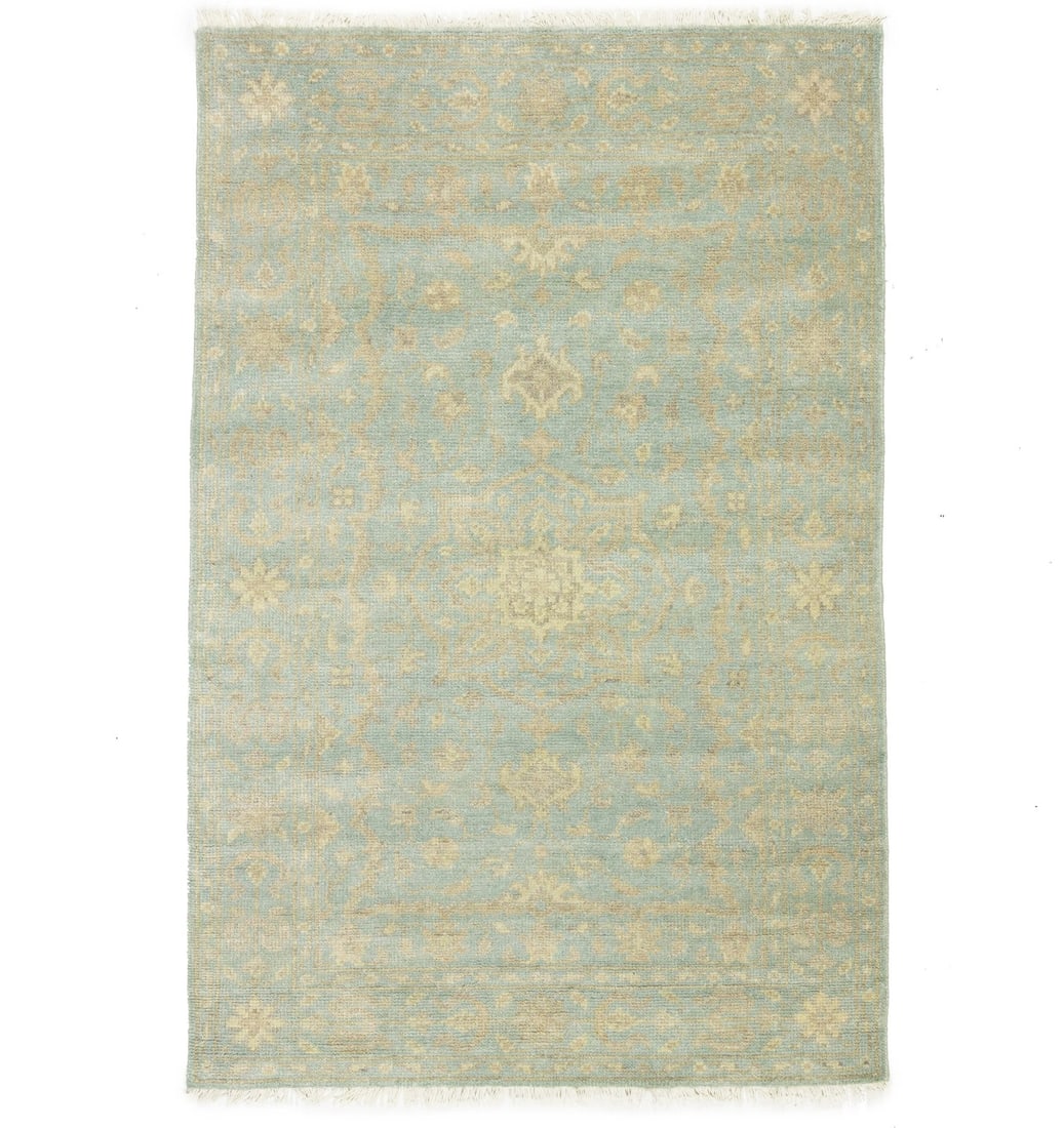 Hand-Knotted Wool Oriental Rug 4x6ft Muted Teal Cream Floral Design: Hand-Knotted Wool Oriental Rug 4x6ft Muted Teal Cream Floral Design Enhance your living space with this beautifully crafted hand-knotted wool Oriental rug. Measuring 3'10" x 5'11", this area rug featu