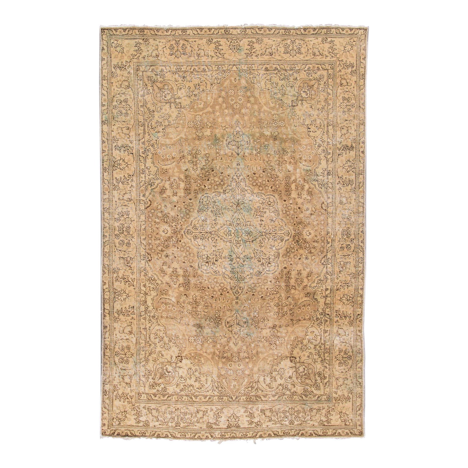 Vintage Tabriz Handmade Floral Wool Rug 6'6 x 10'5: Vintage Tabriz Handmade Floral Wool Rug 6'6 x 10'5 Enhance your space with this exquisite Vintage Tabriz Handmade Wool Rug, featuring a stunning beige field adorned with intricate brown and blue flora