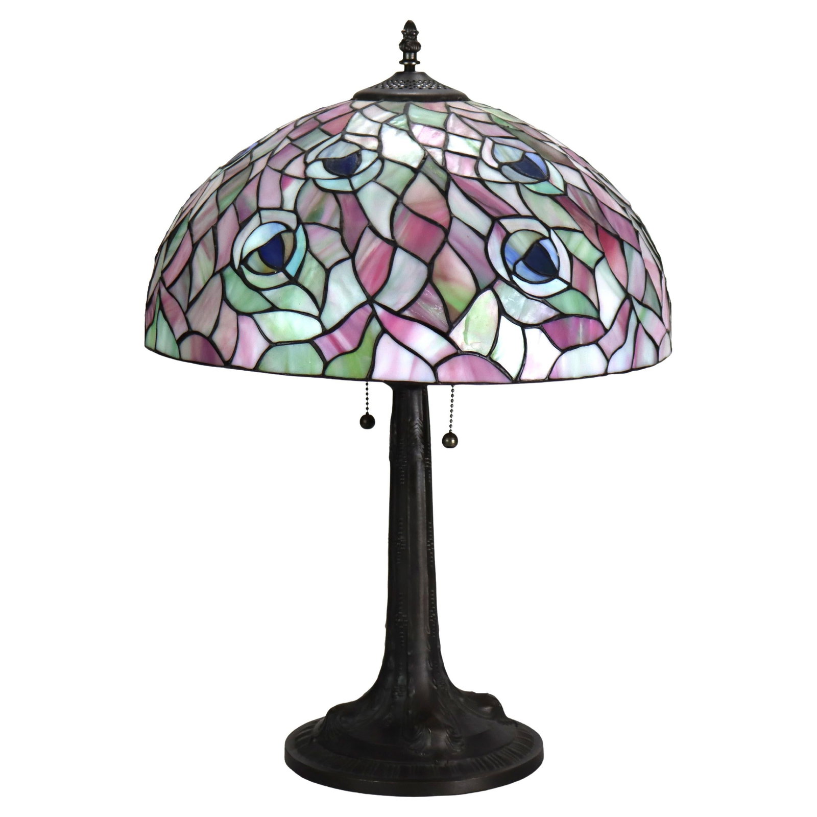 Peacock Eye Arts Crafts Stained Glass Table Lamp: Peacock Eye Arts Crafts Stained Glass Table Lamp This Arts & Crafts table lamp from the 20th century features a dome-shaped leaded stained glass shade with a vibrant peacock eye motif in pink, green, 