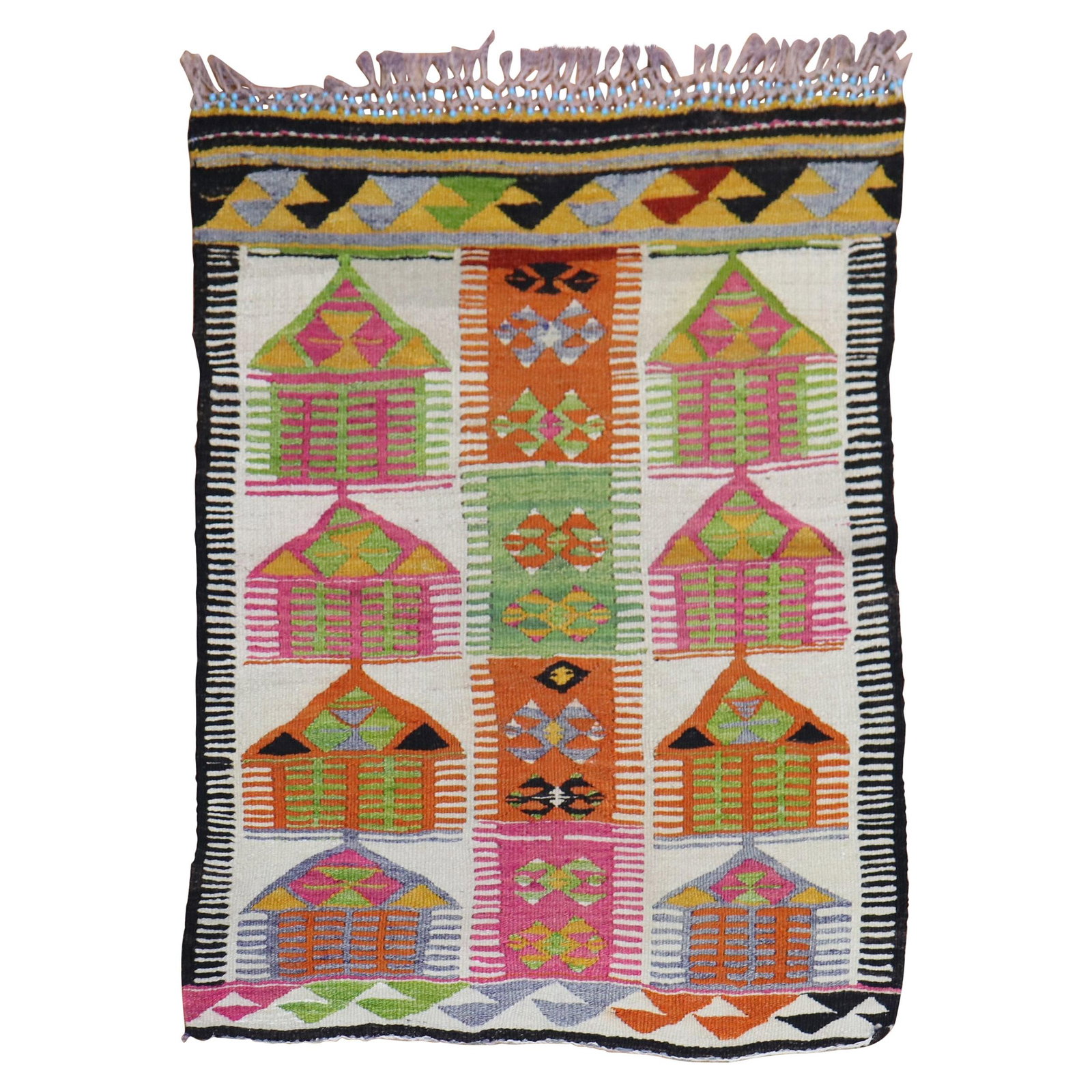 Bohemian Vintage Turkish Kilim Throw 36x48 Wool Handmade: Bohemian Vintage Turkish Kilim Throw 36x48 Wool Handmade Add a touch of bohemian charm to your space with this colorful vintage Turkish throw Kilim. Hand-knotted from high-quality wool, this mid-20th 