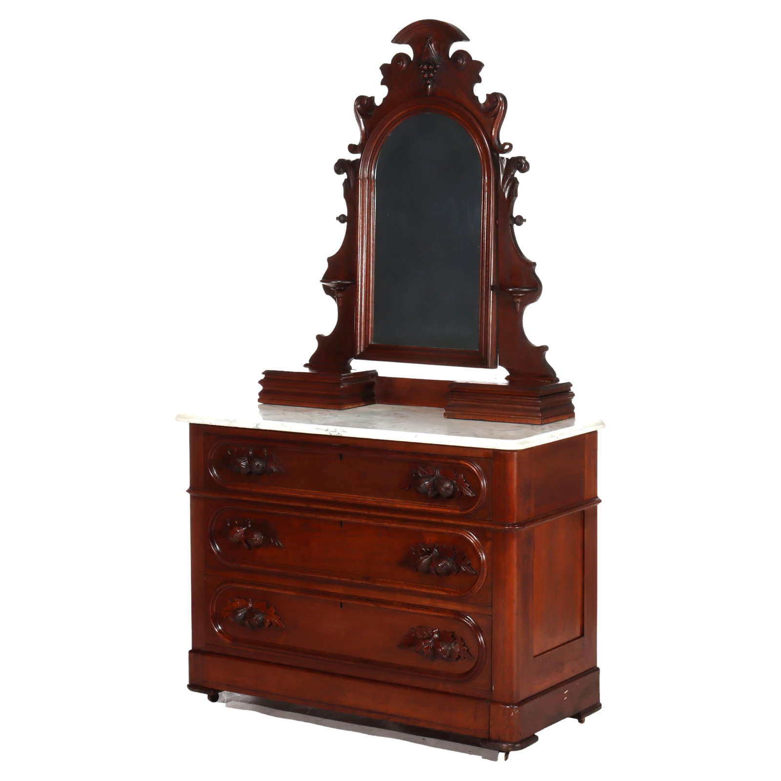 Late 19th Century Walnut Rococo Marble Top Dresser With Mirror and Secret Drawer: Late 19th Century Walnut Rococo Marble Top Dresser With Mirror and Secret Drawer This antique Rococo dresser from circa 1890 features a finely carved walnut frame and a marble top. The dresser offers 