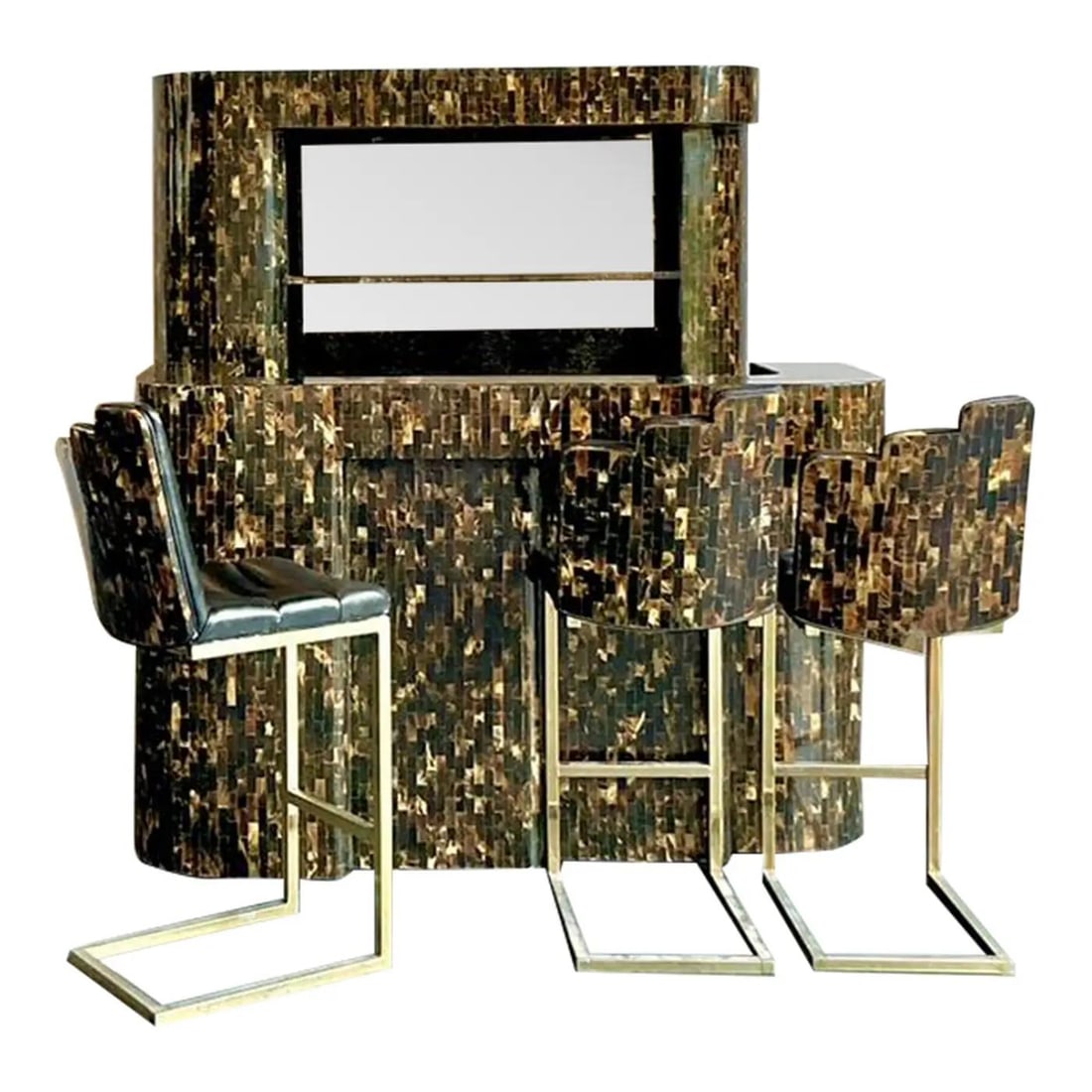 Tessellated Horn Hollywood Regency Dry Bar Ensemble with 4 Stools Set of 5 (1 of 10)
