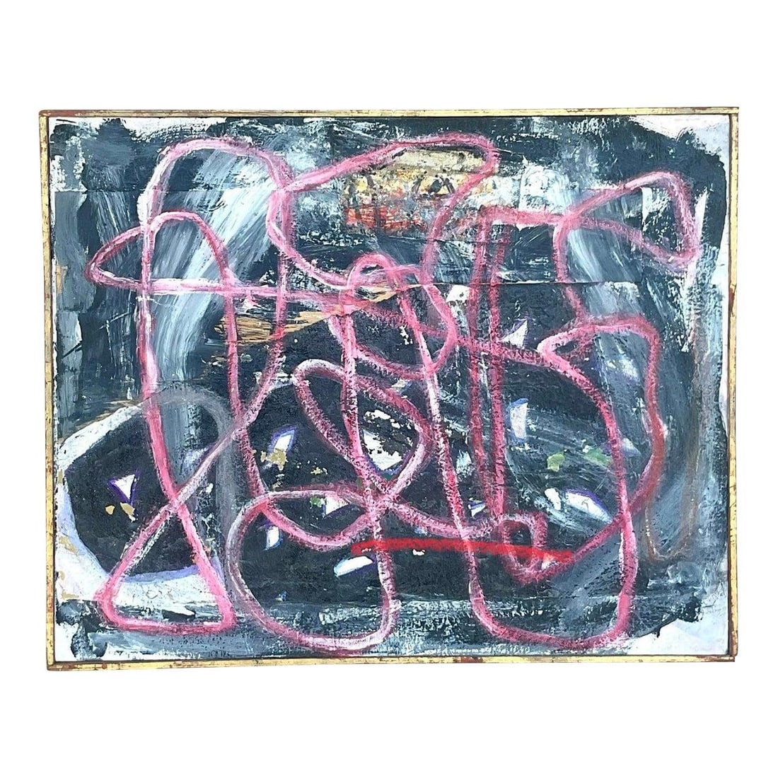 Signed Abstract Oil Painting on Canvas with Boho Vintage Flair: Signed Abstract Oil Painting on Canvas with Boho Vintage Flair This vintage Boho abstract oil on canvas features bold pink lines woven across a dark slate gray background, complemented by splashes of 