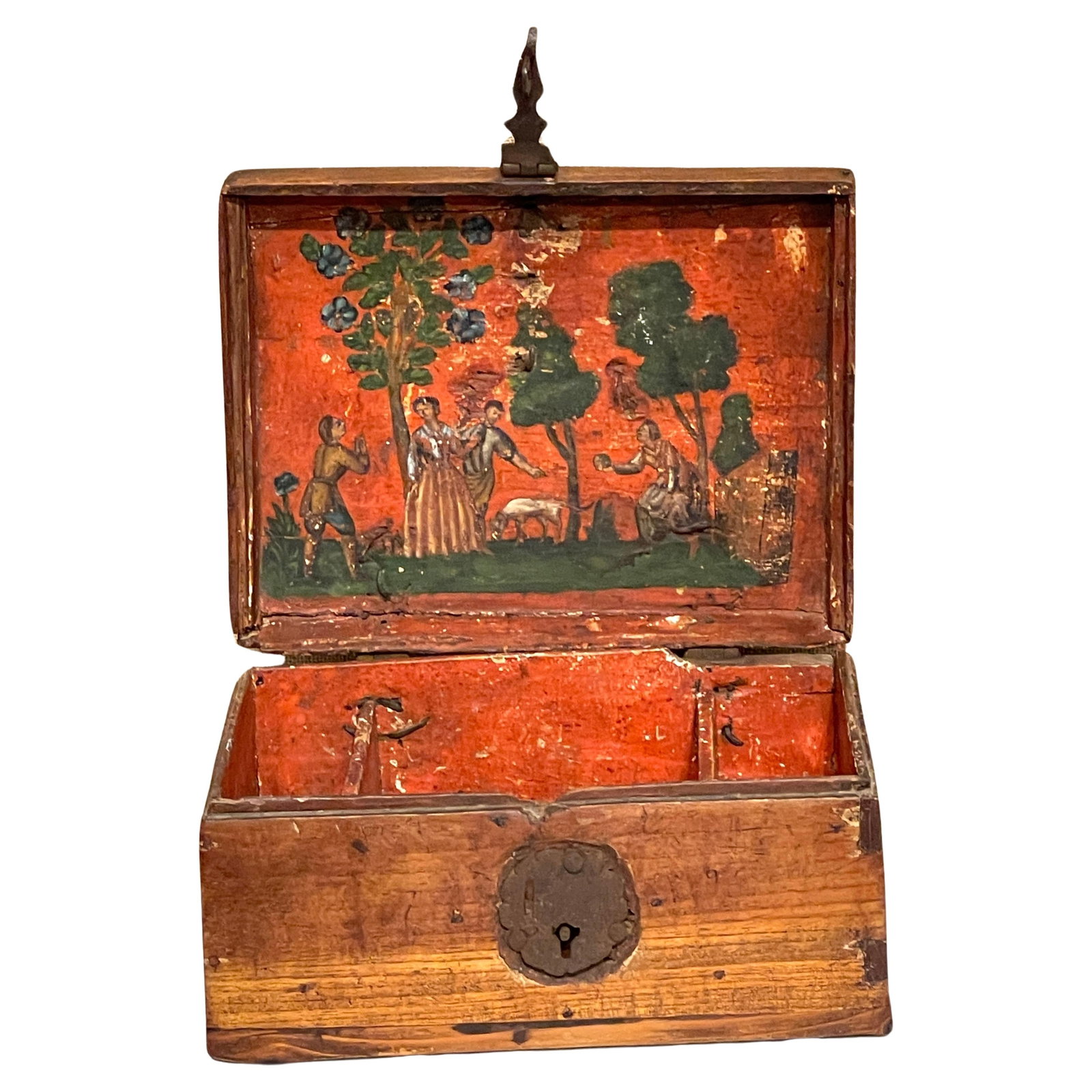 18th Century Baroque Dutch Walnut Iron Polychrome Table Box: 18th Century Baroque Dutch Walnut Iron Polychrome Table Box This exquisite 18th-century Dutch walnut and iron polychrome domed table box showcases the artistry of Baroque design. Crafted in the Nether