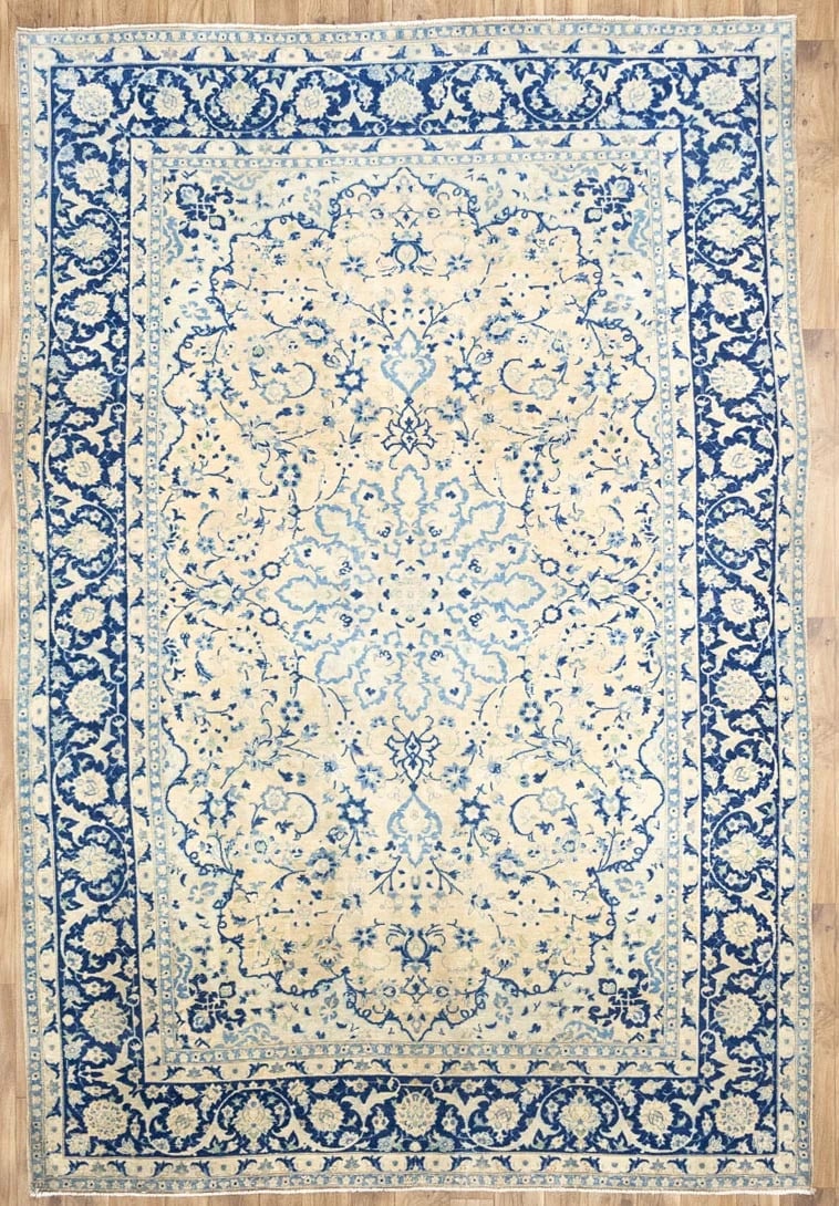 Hand Knotted Wool Floral Oriental Area Rug 8x12 Ft Muted Colors: Hand Knotted Wool Floral Oriental Area Rug 8x12 Ft Muted Colors This semi-antique hand-knotted wool rug features a classic Oriental floral pattern in muted tones of rusty beige, blue, navy, green, and