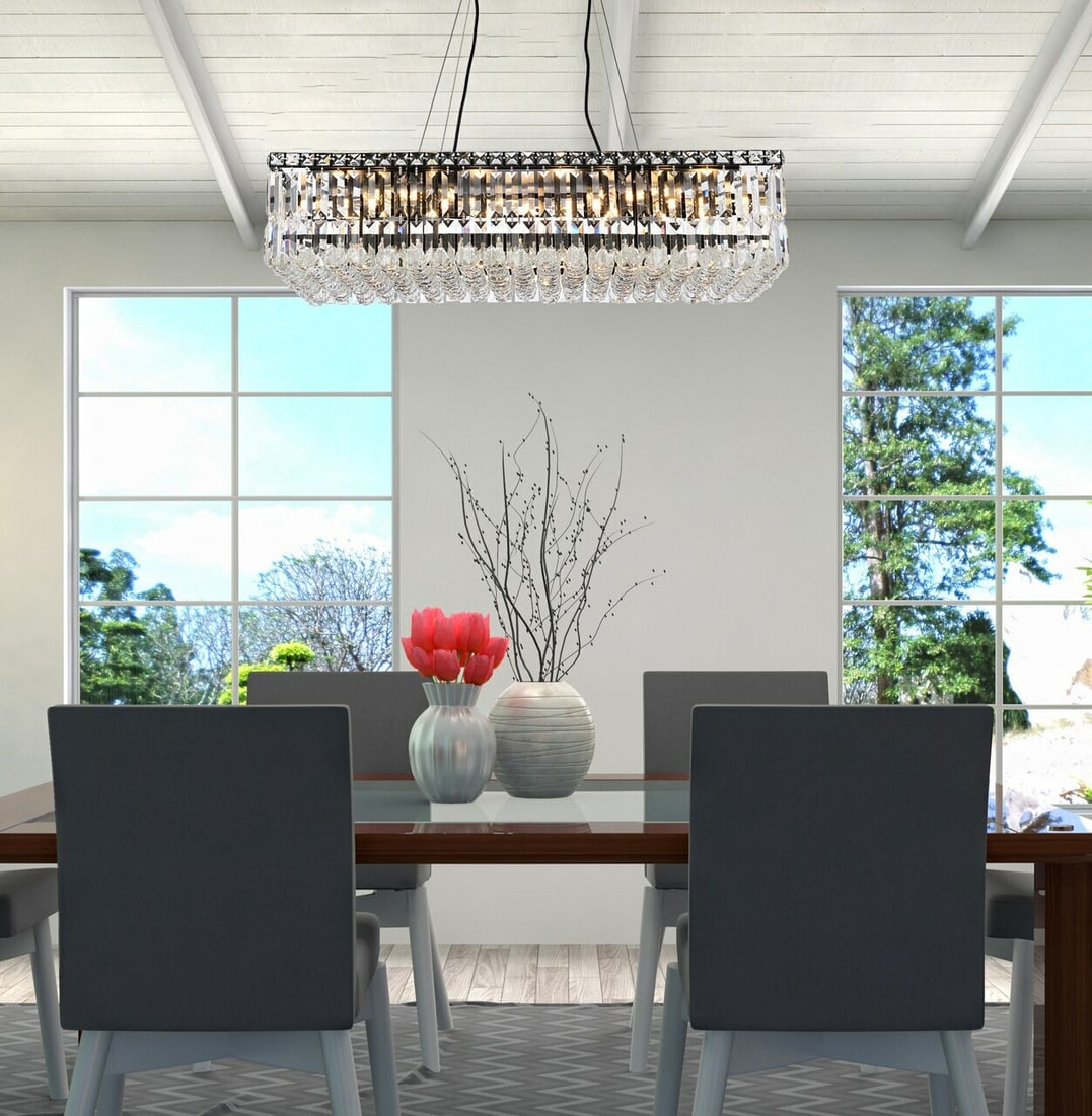Black Clear Crystal 16-Light Maxime Chandelier 32 Inch: Black Clear Crystal 16-Light Maxime Chandelier 32 Inch This modern crystal chandelier features a striking black and clear finish with high-quality Royal Cut crystals, designed to add elegance to dinin